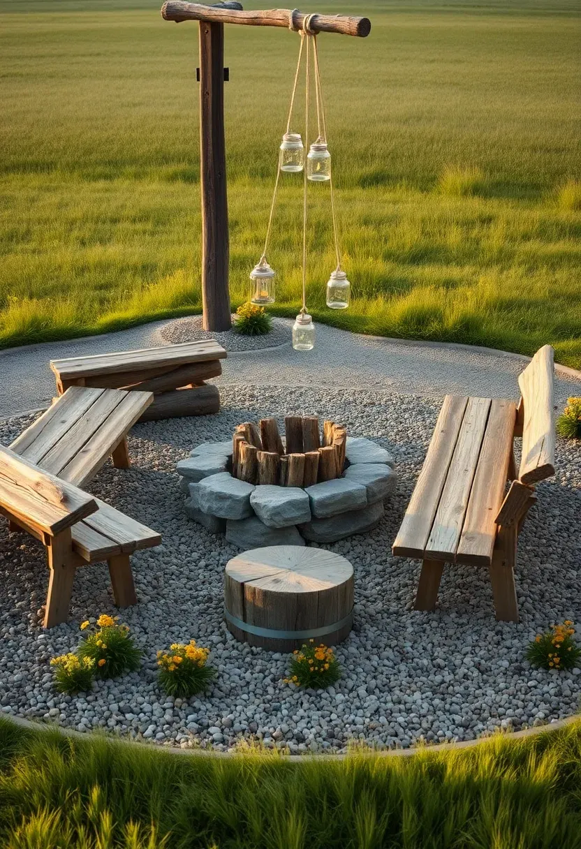 Rustic farmhouse fire pit with stone fire ring, reclaimed wood benches on gravel clearing, and mason jar lanterns at golden hour