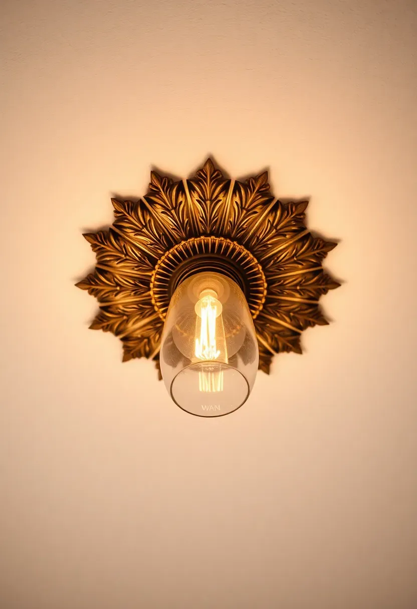 Ornate brass sunburst ceiling medallion surrounding a pendant light fixture in a bedroom with white ceiling