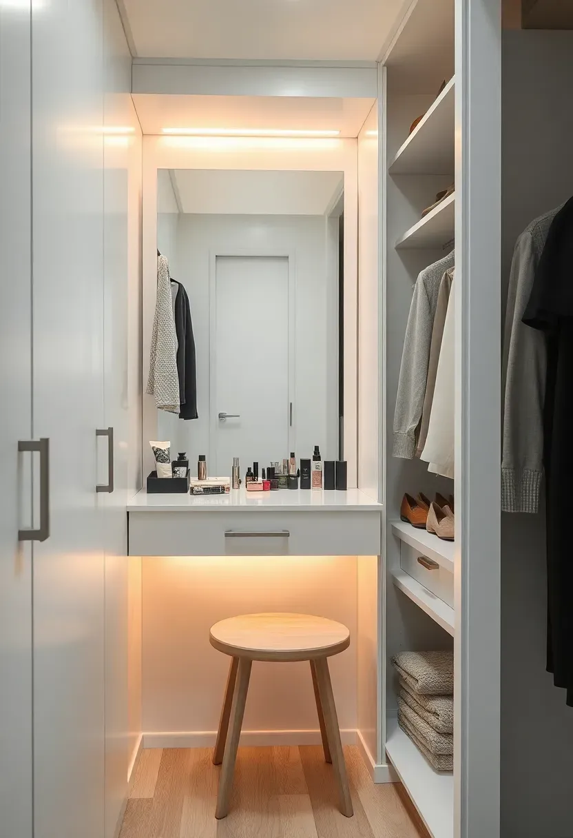 built-in closet vanity integrated seamlessly with wardrobe storage and soft lighting