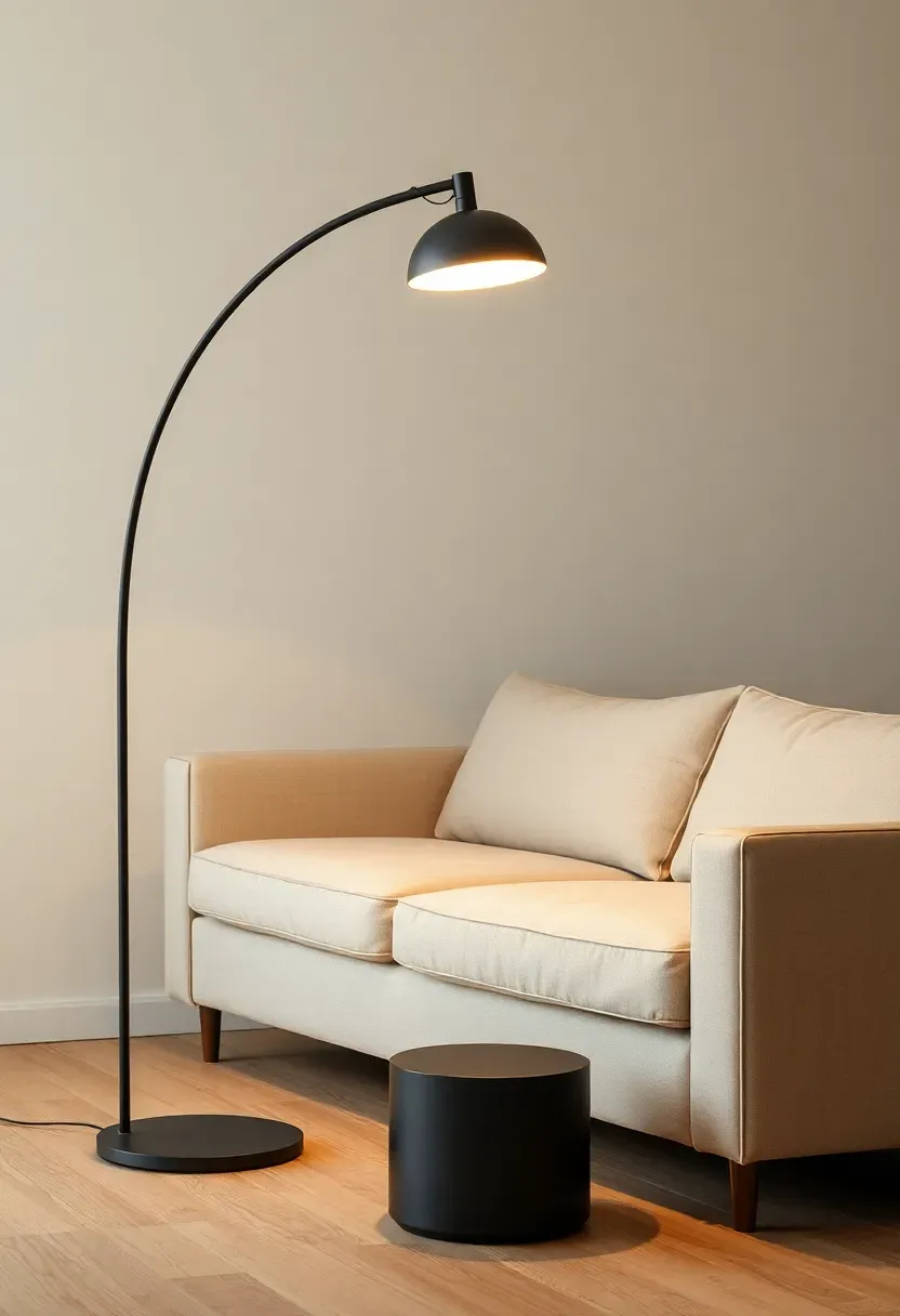 Hyper-realistic 3/4 view of minimalist living room featuring sleek arc floor lamp with slender curved matte black metal stem extending over cream linen sofa. Dome-shaped LED diffuser in white floating above sofa. Weighted cylindrical base on light wood floor. Lamp creating focused reading light pool on sofa. Minimal room setting. Materials: powder-coated metal stem, LED diffuser, linen sofa, oak floor. Warm ambient light from lamp. Clean geometric lines. Shallow depth of field, sharp details on lamp finish and form. No text, no logos, no watermarks.</p>