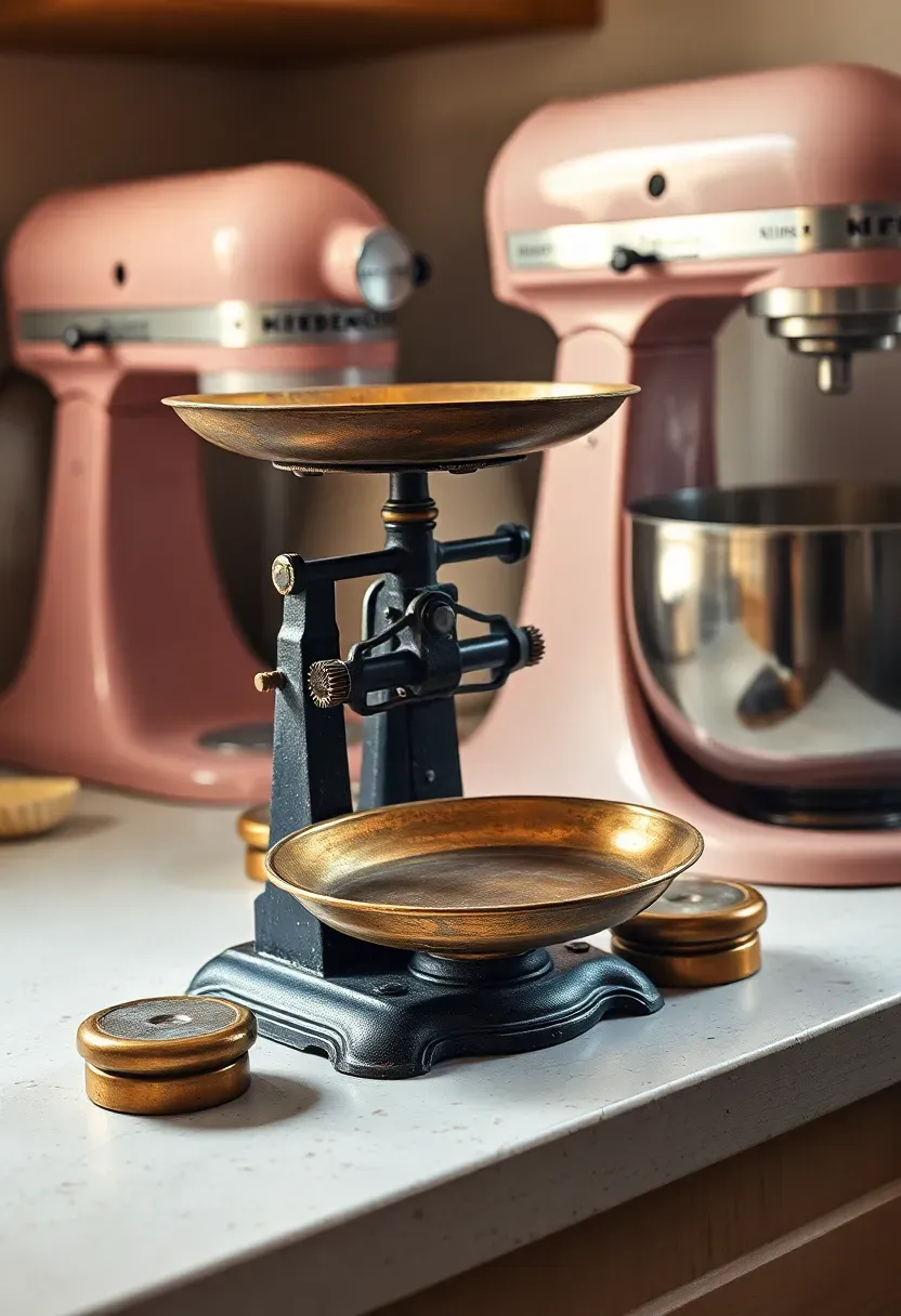 Antique cast iron balance scale with brass pans alongside a pale pink mid-century stand mixer displayed as counter vignette on butcher block in a shabby chic kitchen