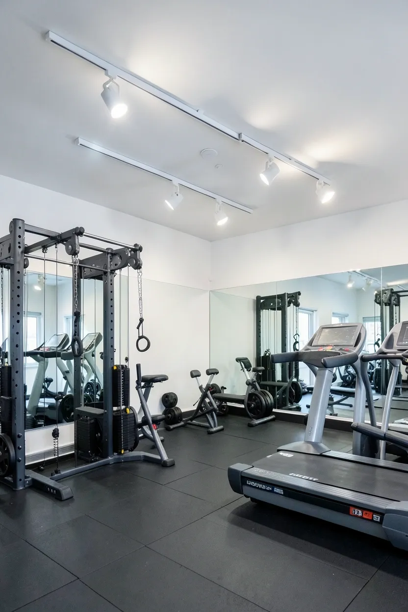 Mirror positioned above a treadmill in a small home gym for form-check visibility during cardio workouts