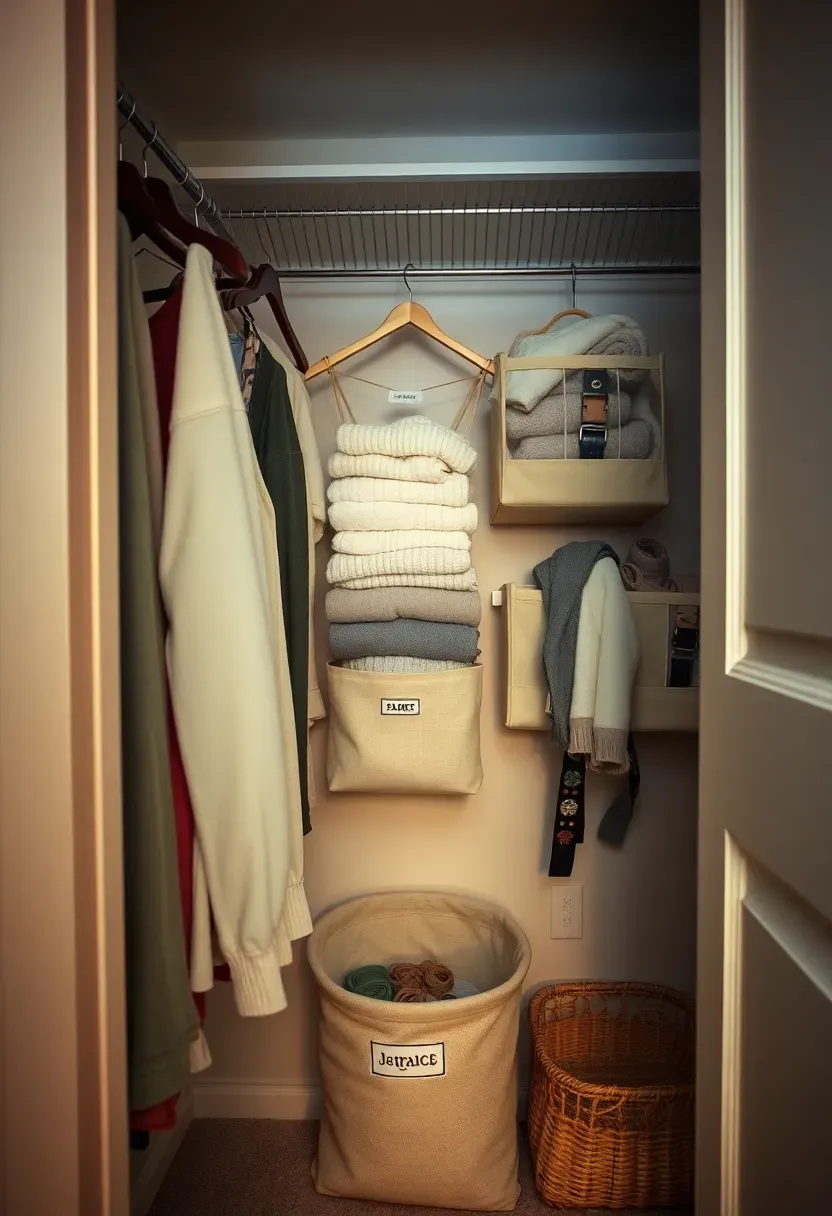 organized small dorm closet with matching hangers shelf dividers and labeled bins