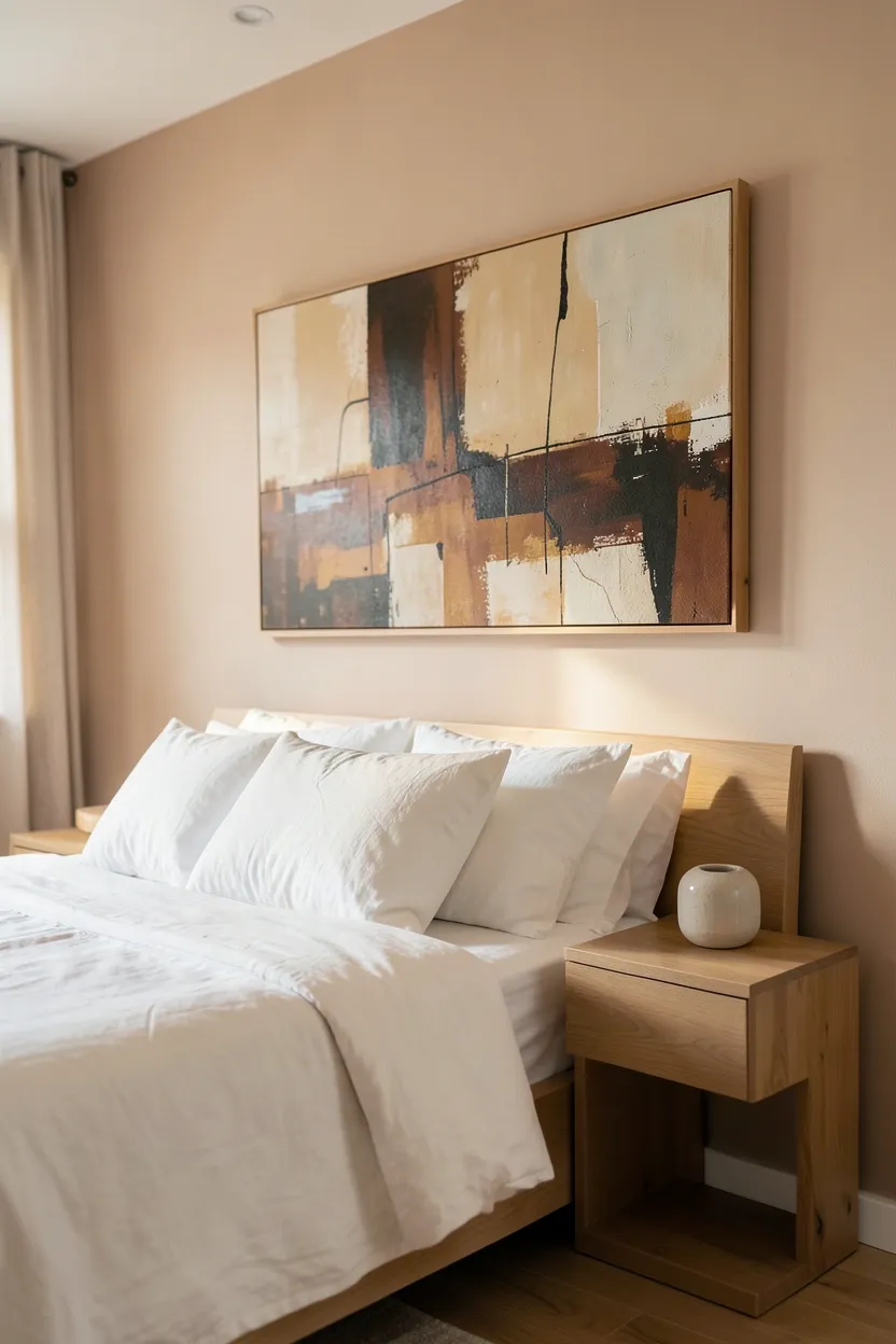 Boho bedroom with large earthy-toned abstract painting above the bed, complementing a natural wood bed frame and layered linen bedding
