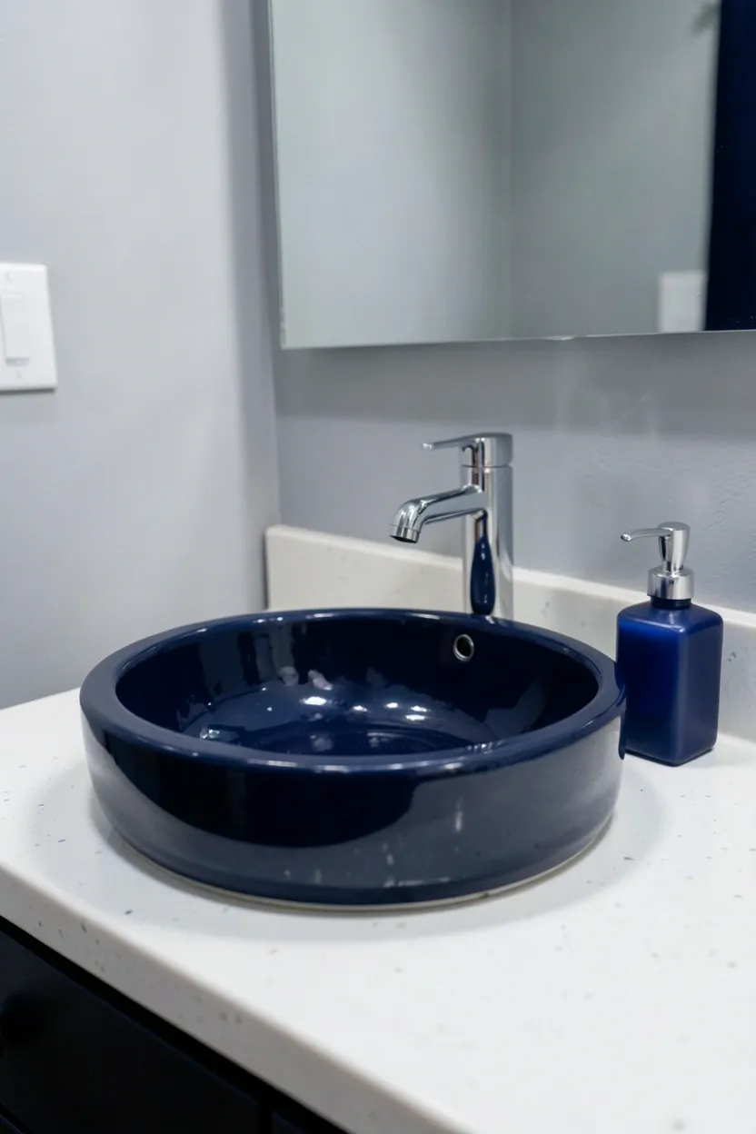Green recycled glass bathroom countertop with embedded glass particles catching light, paired with white undermount sink