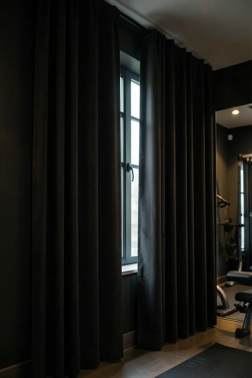 Charcoal blackout curtains on a tension rod covering a gym window providing full privacy and light control without permanent installation in a rental