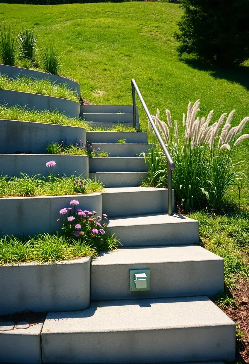 Concrete step terraces descending a grassy hillside backyard with each level holding a different planting area and a narrow stairway connecting levels