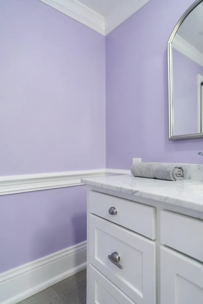 Toca Boca-inspired bathroom with soft lavender walls, crisp white trim, and brushed nickel hardware