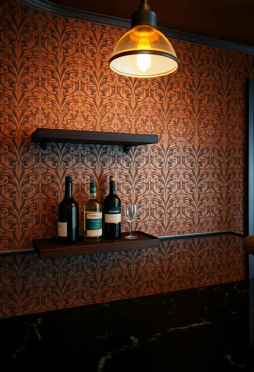 pressed tin ceiling tile used as bar backsplash with ornate pattern and aged patina finish