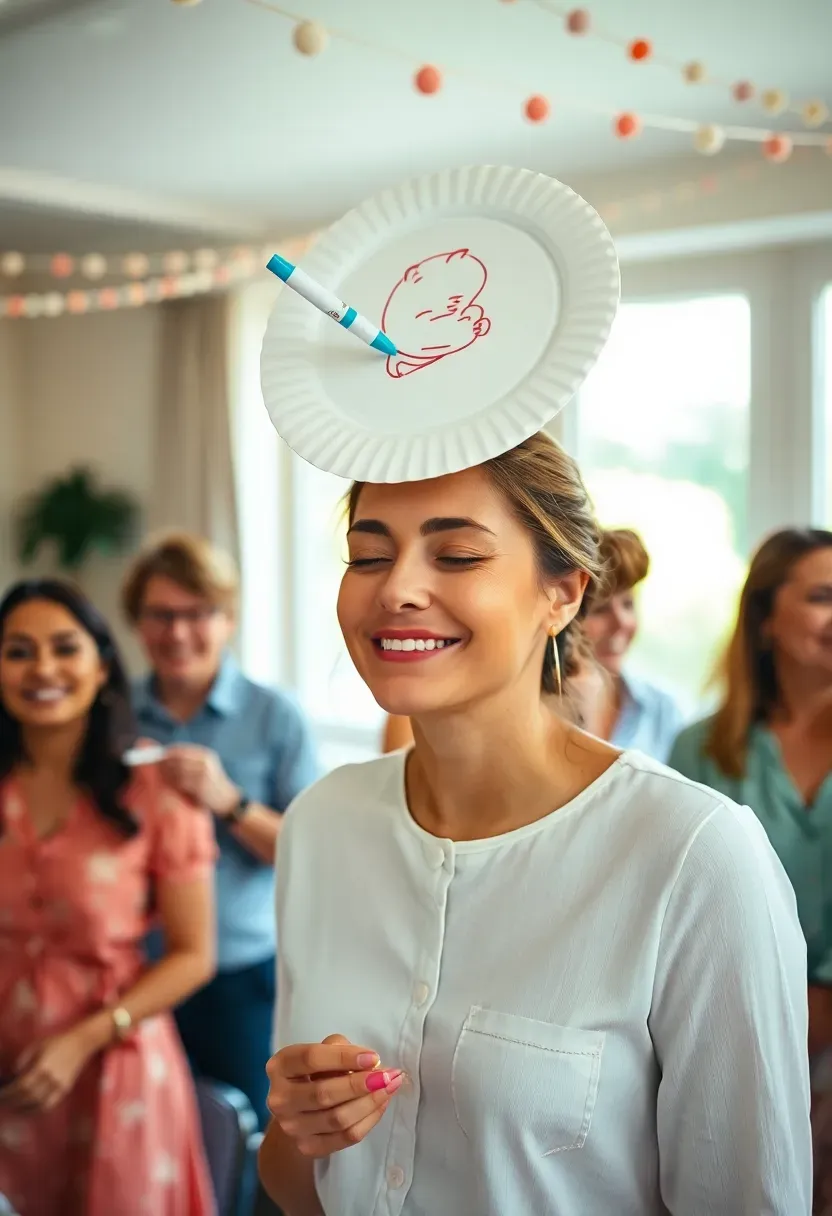 a guest sketching a baby face blindfolded with a paper plate on her head while others watch