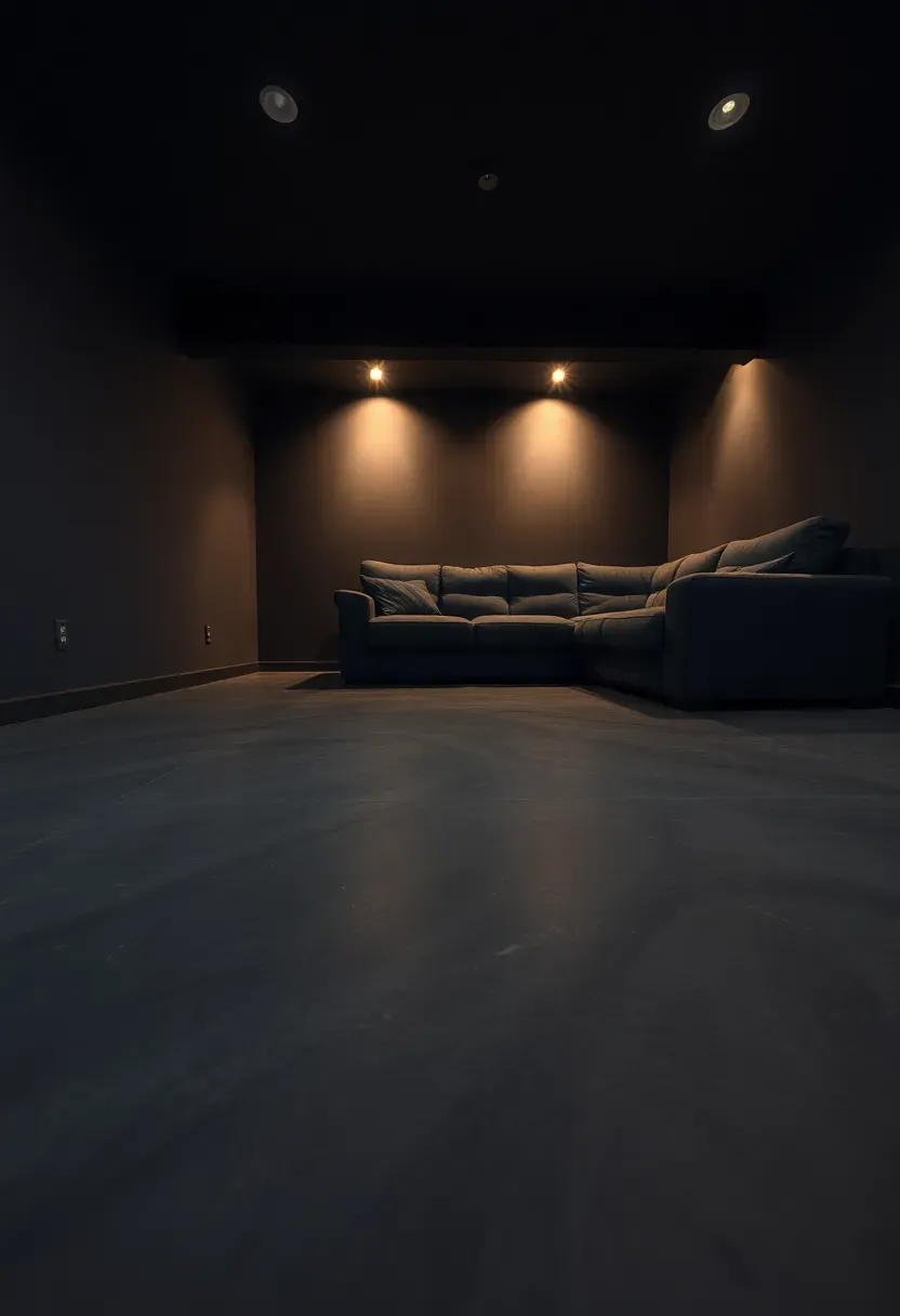 Dark charcoal matte painted basement floor in a moody home theater room with recessed lighting and dark walls