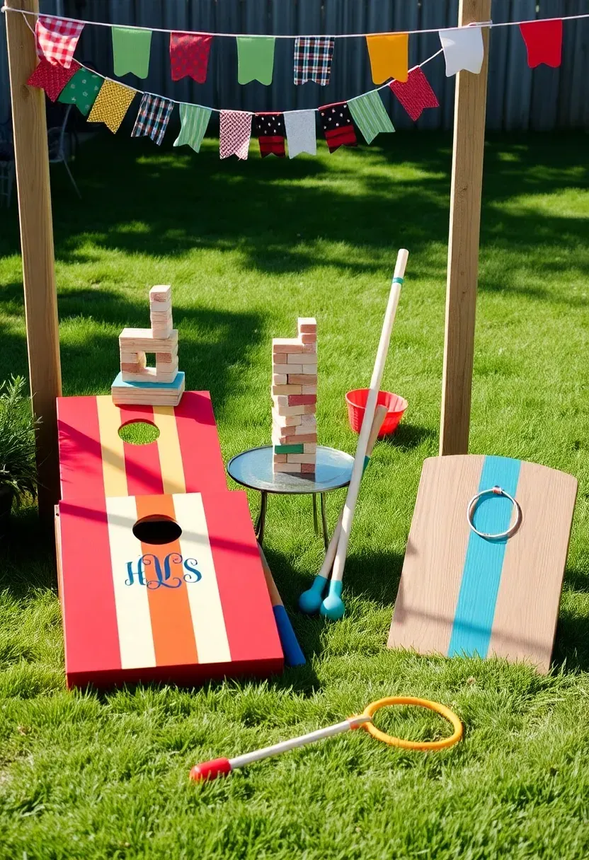Backyard lawn games corner for an engagement party with cornhole boards, giant Jenga, croquet set, and ring toss on a green lawn with bunting overhead