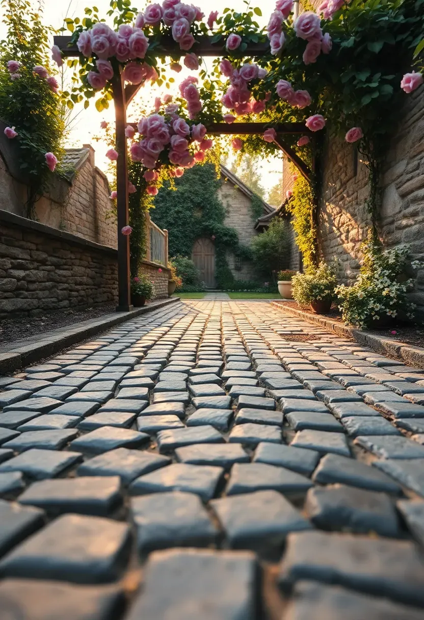 Old-world cobblestone walkway with a fan pattern set in mortar through a backyard with climbing roses on a garden arch