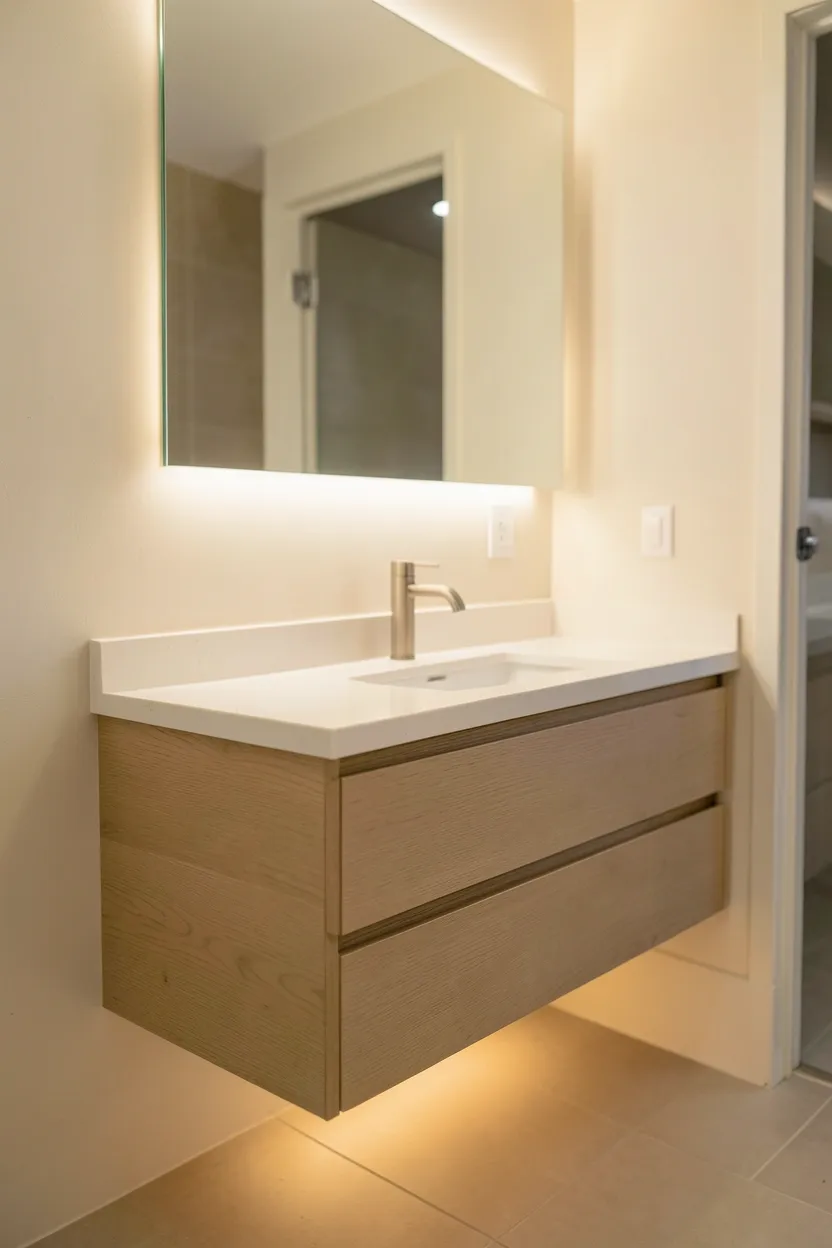 Wall-mounted floating vanity with open floor space below and LED under-lighting in a modern bathroom