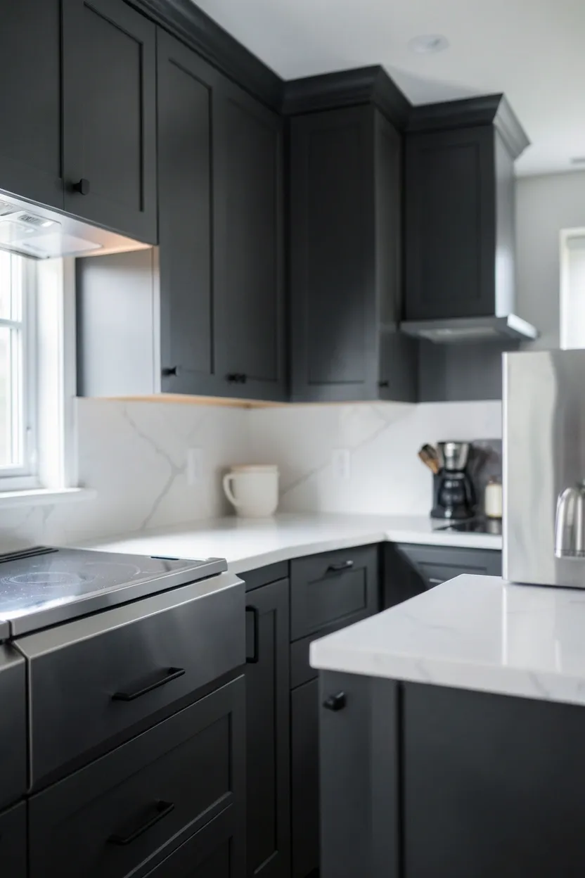 Full gray cabinet kitchen with bright white quartz countertops creating bold contrast in a modern small apartment