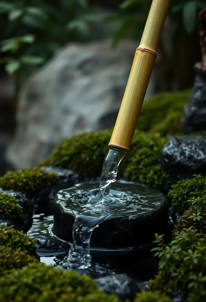 Shishi-odoshi bamboo water spout in a zen garden with a tilting bamboo pipe filling and releasing water into a shallow stone basin surrounded by moss and fern