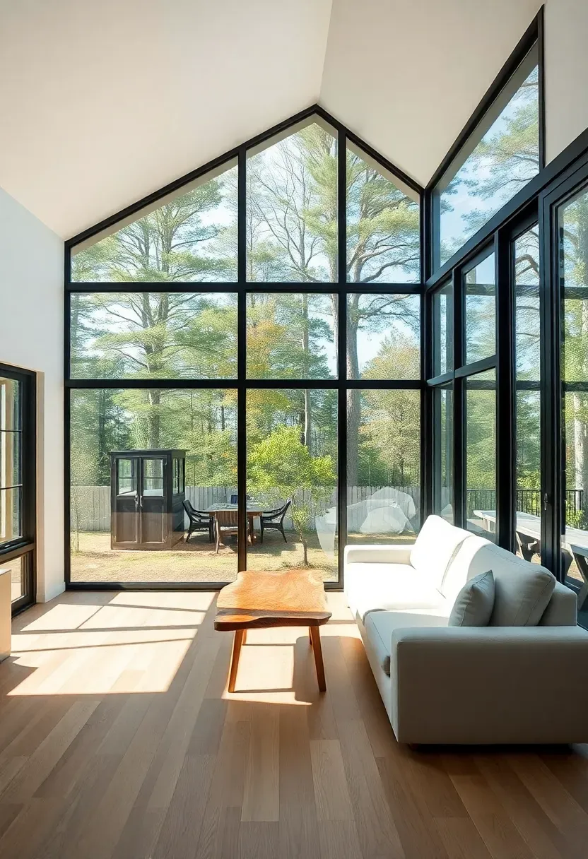 Hyper-realistic 3/4 view of tiny house interior with floor-to-ceiling corner glass, showing minimal framing, seamless connection to outdoor trees and sky, natural light flooding interior, white walls, light oak floor, minimal furniture, feeling of space extending outdoors through glass. Materials: large glass panes with minimal black framing, white walls, light oak floor, white sofa, live edge wood table. Bright natural light, outdoor shadows visible through glass, depth emphasized through glass connection.</p>