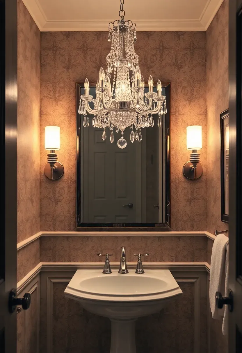 Small crystal chandelier centered above white pedestal sink in an elegant powder room with neutral walls and oval gilded mirror