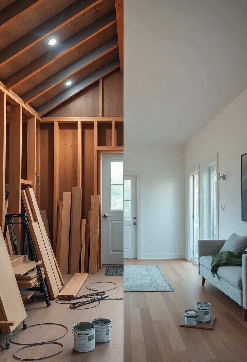 Hyper-realistic split composition showing half completed DIY tiny house build with tools and materials, and half finished professional tiny house interior. Left side: framing exposed, work lights, sawhorses, lumber stacked. Right side: pristine white interior with modern finishes, furniture staged. Materials: construction lumber, drywall, wood flooring, paint cans. Dramatic lighting contrast between construction chaos and finished serenity. Transformation documentation mood, no text.</p>