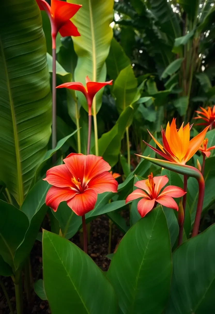 A bold tropical flower bed with cannas, elephant ears, hibiscus, and bird of paradise in a lush backyard setting with banana leaf backdrop
