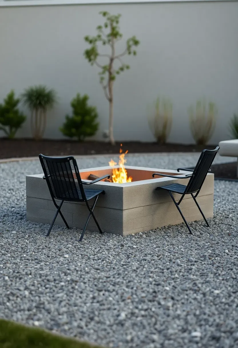 Square cinder block fire pit with a wide gravel apron and metal folding chairs in a minimalist backyard