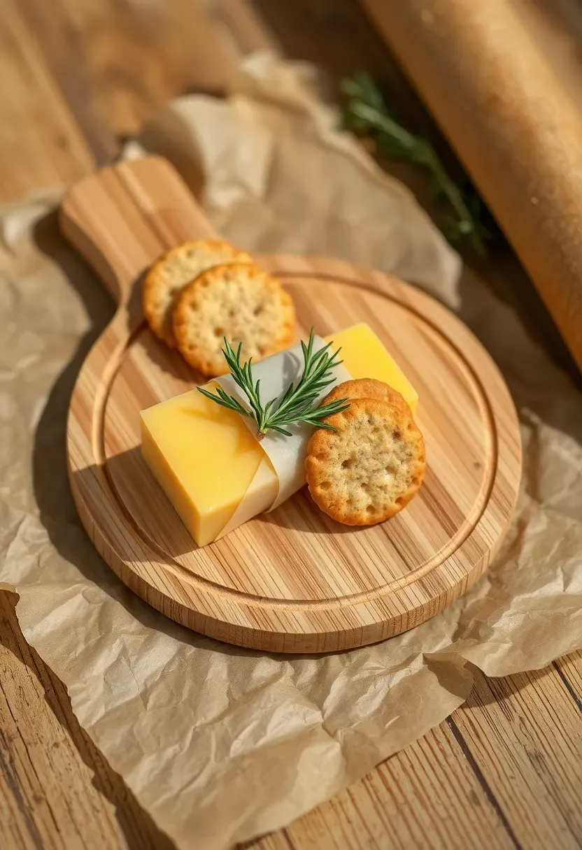 small wooden cutting board with a wedge of cheese crackers and a sprig of rosemary on parchment paper