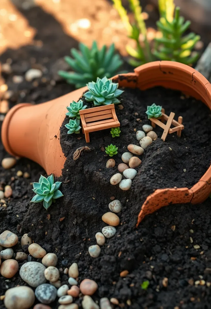 A cracked terracotta pot turned on its side with soil spilling out, planted with tiny succulents and miniature fairy furniture including a small wooden bench and pebble walkway