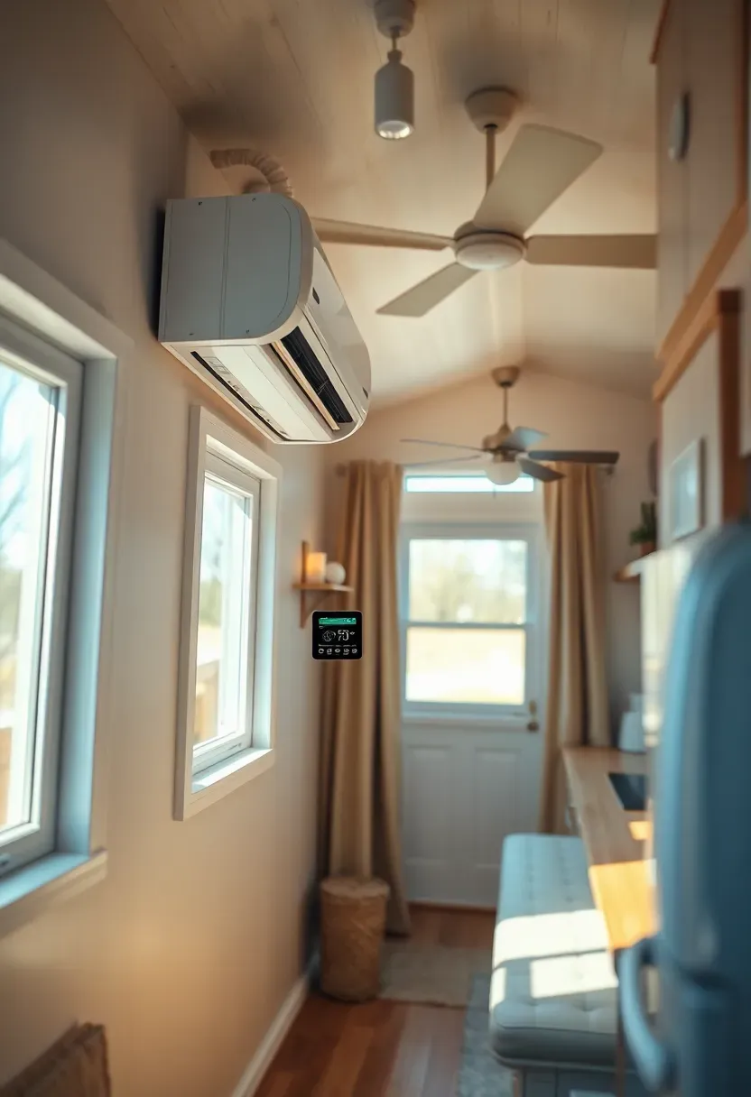 Hyper-realistic interior view of tiny house showing energy-efficient features including mini-split heating/cooling unit on wall, LED track lighting, and visible energy monitor display showing low consumption. Materials: light walls with good insulation visible, double-pane windows with thermal curtains, modern energy-efficient appliances, small ceiling fan. Natural light from windows supplemented by LED lighting creating bright energy-efficient atmosphere. Shallow depth of field focusing on energy monitor and thermostat, mini-split unit and efficient lighting visible in background showing energy-conscious design. Sustainable technology aesthetic. No text, no logos, no watermarks.</p>