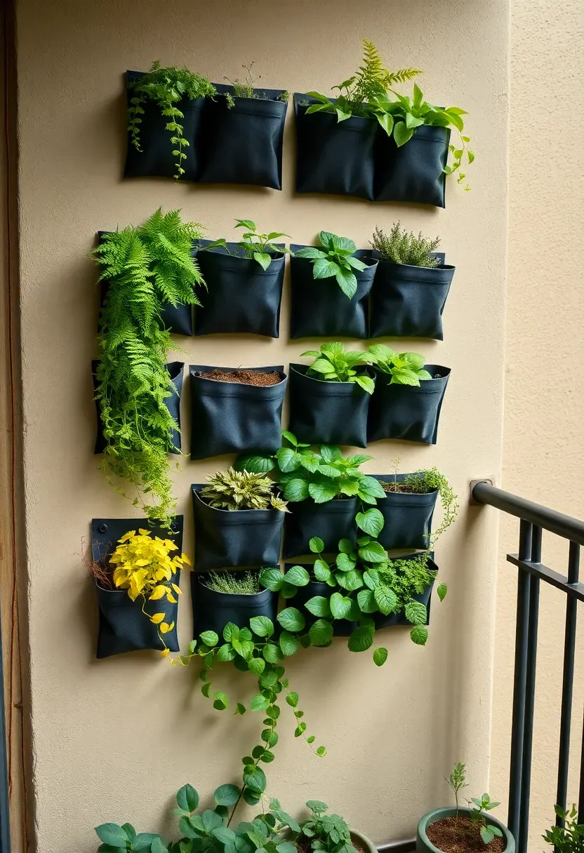 Vertical wall-mounted pocket planter with cascading ferns and trailing pothos on an apartment patio wall