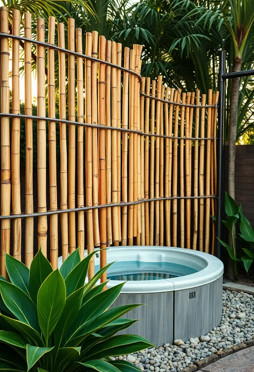 Natural bamboo roll fencing attached to metal T-posts creating a curved privacy screen behind a hot tub in a lush backyard garden