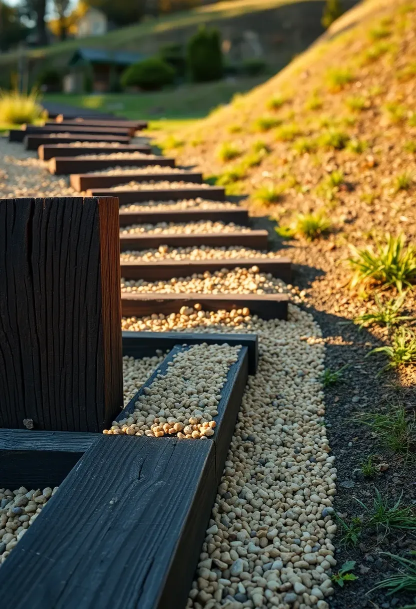 Weathered railroad ties used as walkway steps with pea gravel infill between them in a sloping backyard