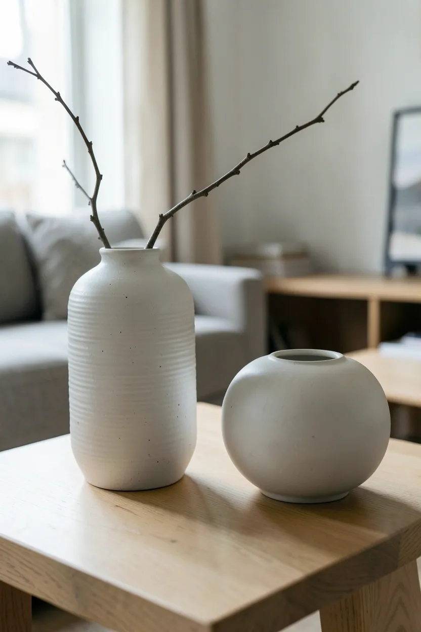 Group of three matte ceramic vases in white cream and beige at varying heights on a shelf in a Japandi living room