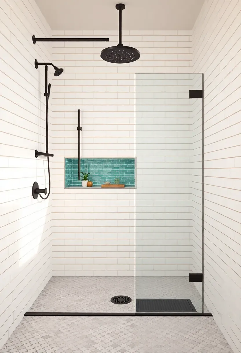 Floor-to-ceiling white subway tile shower with vertical stack pattern and matte black fixtures