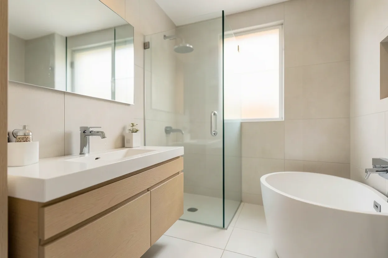 Modern minimalist bathroom with floating oak vanity, frameless glass shower, and neutral white tile palette