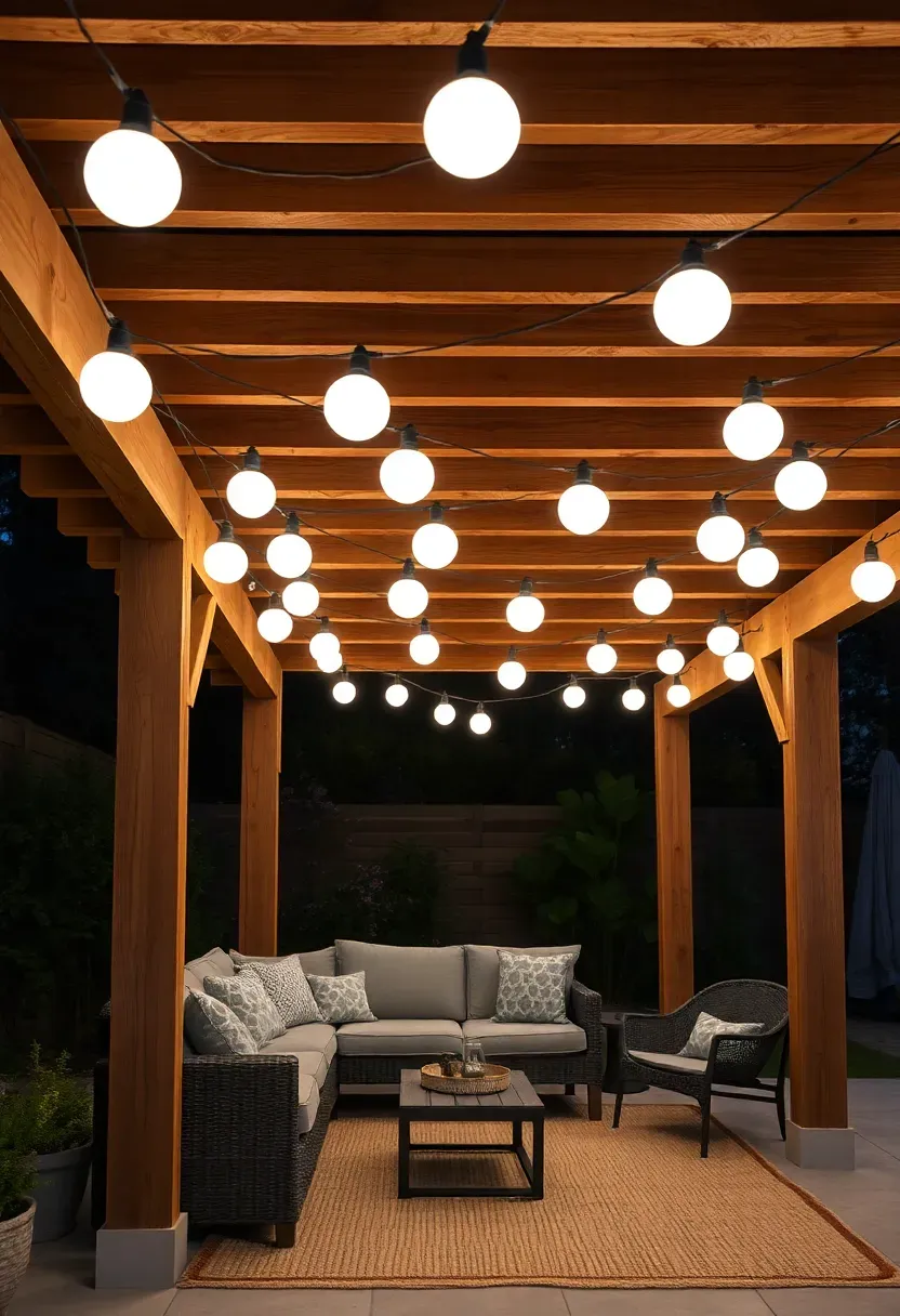 White globe string lights wrapped along the beams of a cedar pergola over an outdoor lounge area with cushioned seating at night