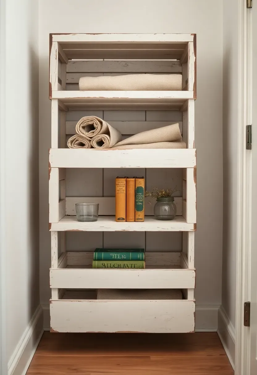 Stack of chippy white painted wooden crates used as open storage shelves holding vintage books and linen rolls in a cottage hallway