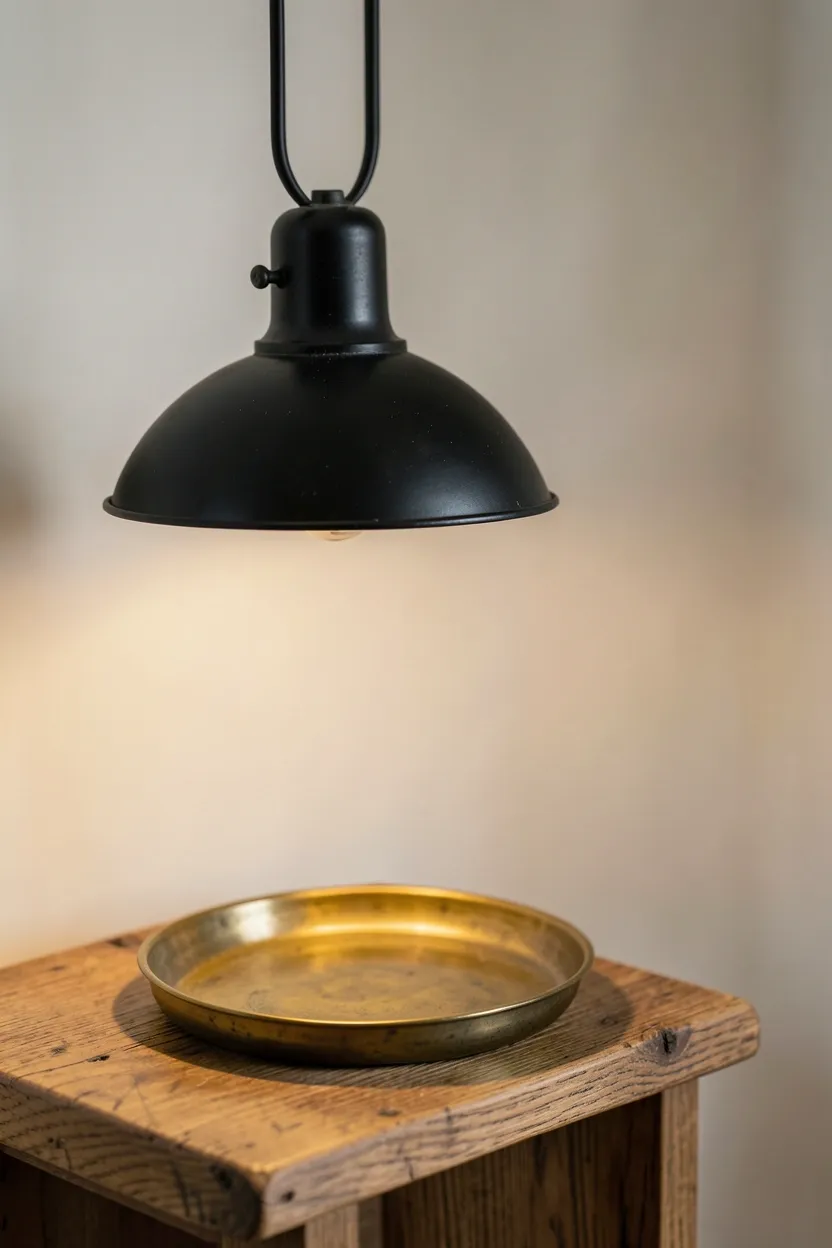 Warm aged brass and reclaimed wood accents combined in a cozy modern farmhouse living room for rustic contrast