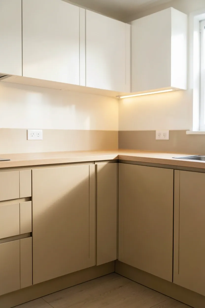 Warm beige lower cabinets paired with crisp white upper cabinets in a two-tone Scandinavian kitchen — earthy and airy color balance for a rental apartment