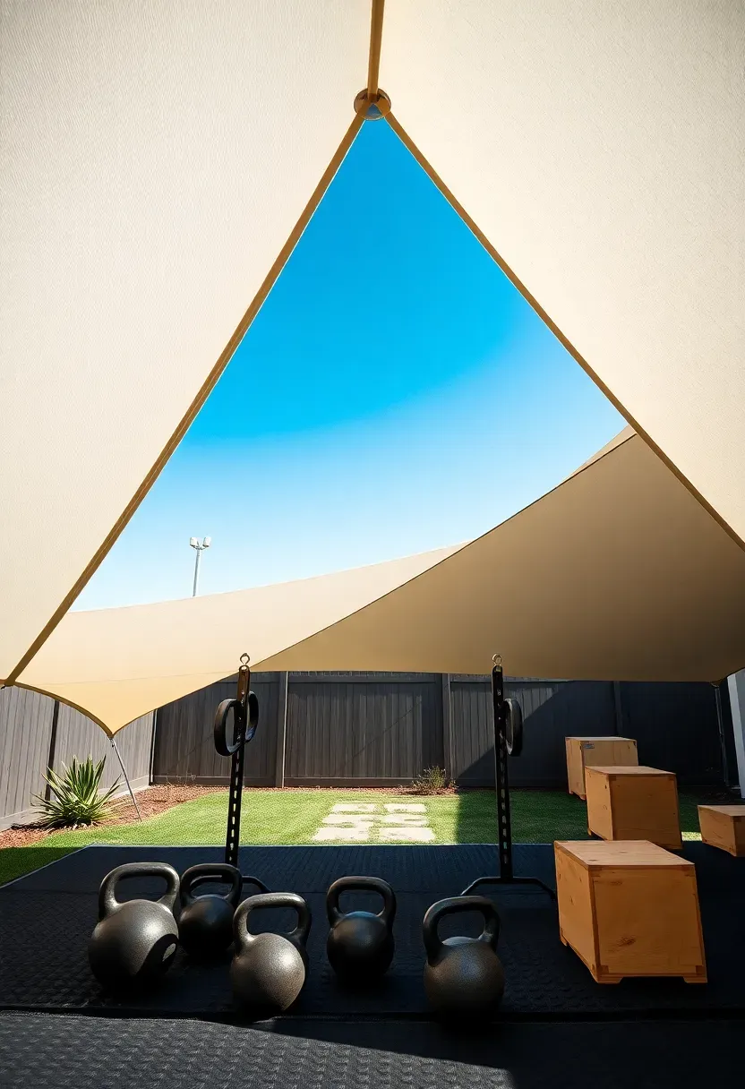 Triangular shade sail stretched over a backyard fitness area with kettlebells, a squat rack, and plyo boxes on rubber flooring beneath, bright blue sky above