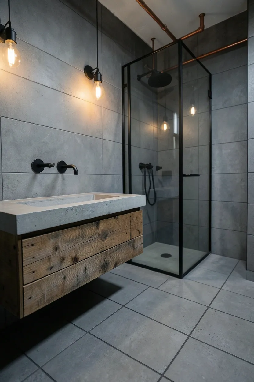 Modern industrial gray Bloxburg bathroom with concrete tiles, matte black fixtures, and Edison bulb lighting