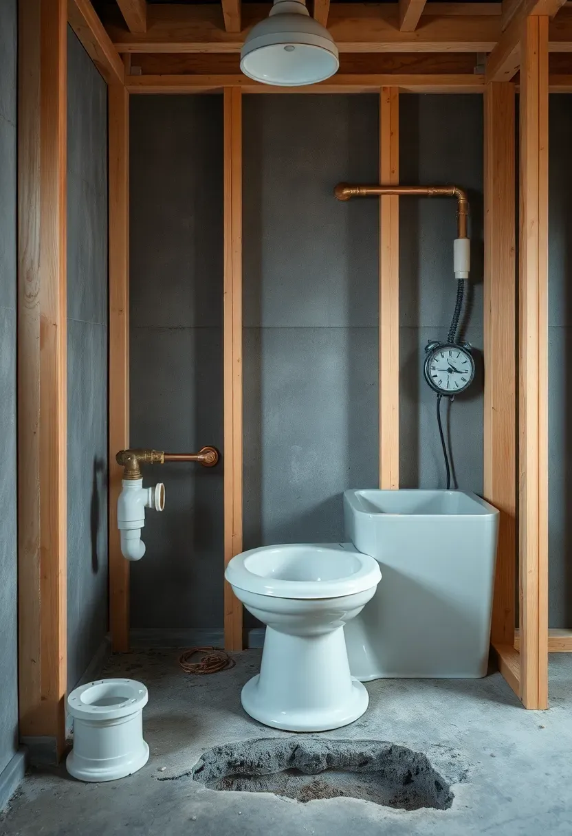 A partially framed basement bathroom showing rough-in plumbing with a toilet flange, shower pan, and copper supply lines