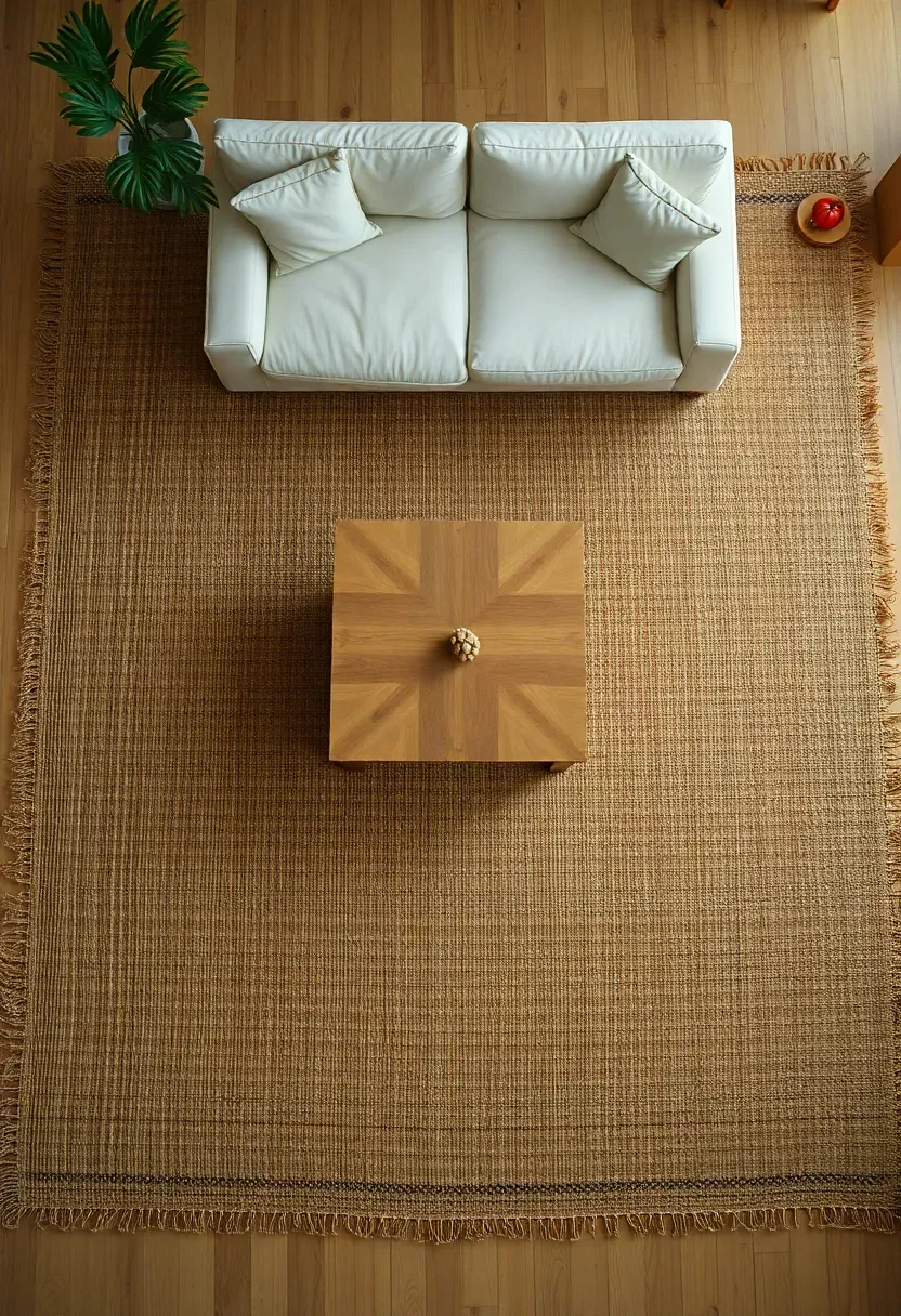 Hyper-realistic overhead view of large natural jute rug covering most of living room floor, white sofa and wood coffee table centered on rug, light oak floor visible at edges. Materials: woven jute fiber rug with visible natural texture, white linen sofa, oak wood table. Natural daylight, organic warm mood. Rug as room foundation, shallow depth of field, no text, no logos.</p>