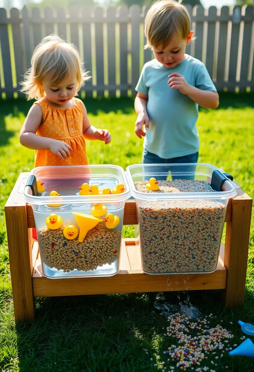Toddlers playing with a DIY water table made from two large plastic storage bins on a wooden frame, filled with water, cups, funnels, rubber ducks, and toy boats