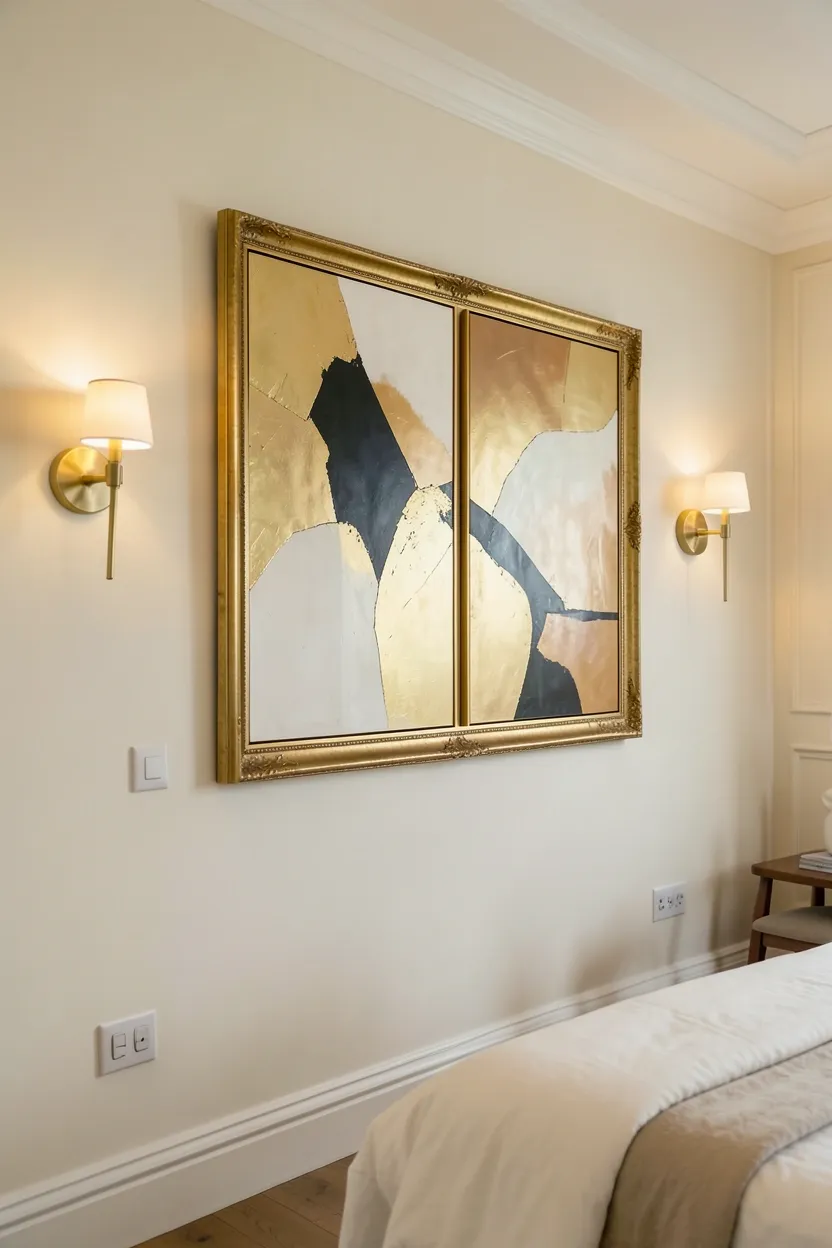 Large abstract art print in a gold frame above a dresser in a sophisticated modern luxury bedroom