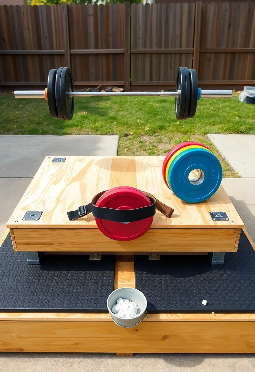 Outdoor Olympic weightlifting platform made of plywood and rubber mats on a concrete pad in a backyard, with a loaded barbell, bumper plates, and chalk bucket visible