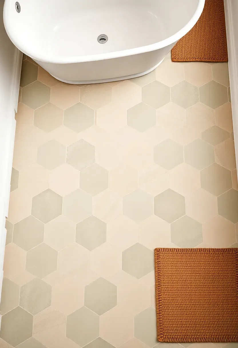 Oversized hexagonal tiles on bathroom floor in muted sage and cream tones
