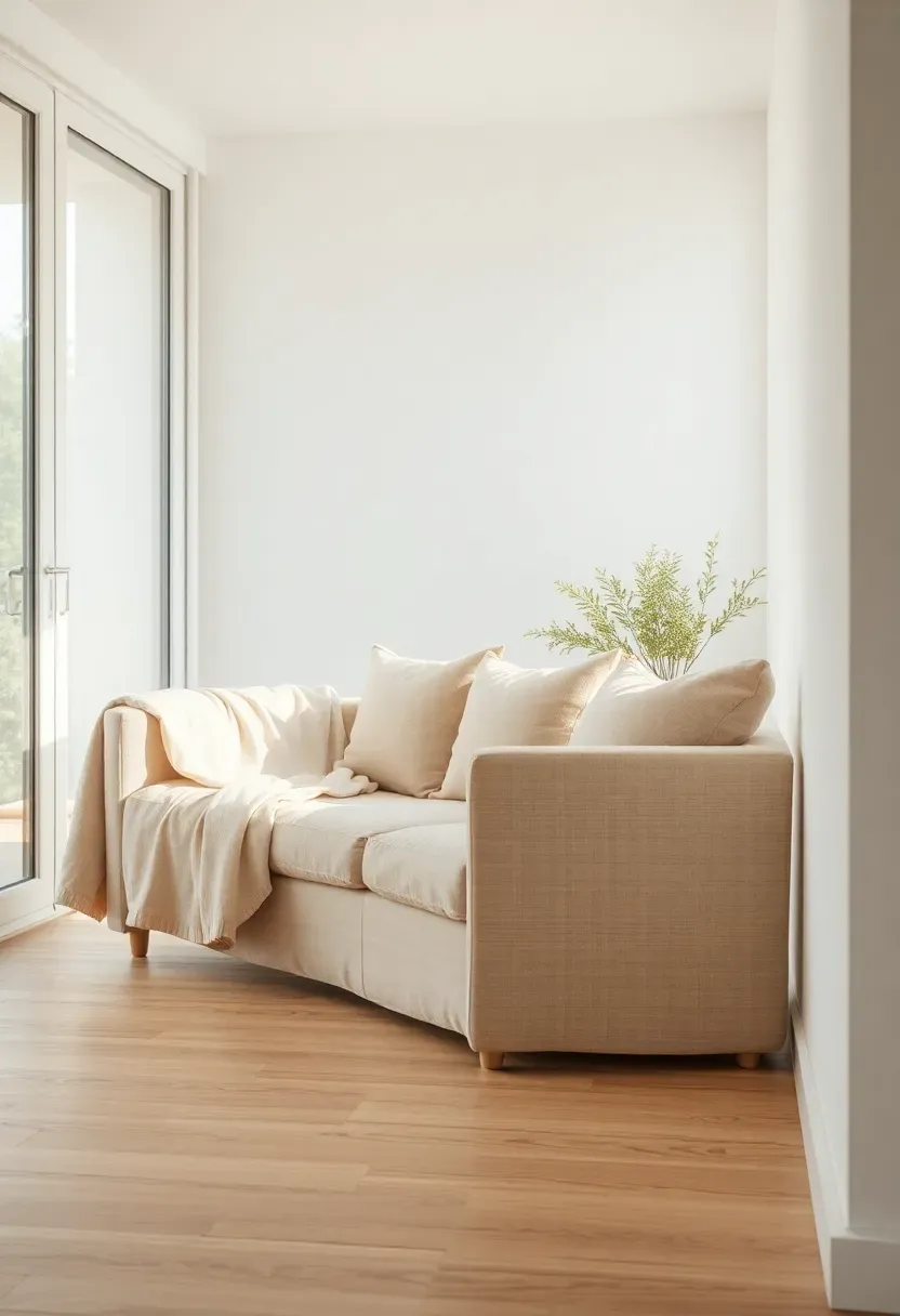 Low-profile linen sofa in warm white placed against floor-to-ceiling windows in a modern sunroom with natural light
