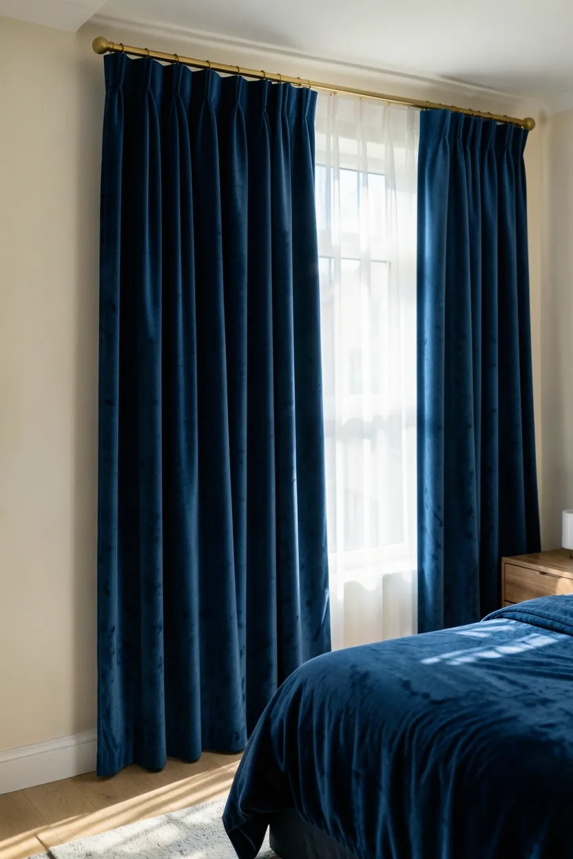 Hyper-realistic eye-level photograph of a maximalist bedroom window with floor-to-ceiling velvet curtains in deep sapphire blue, showing rich fabric texture and drape, with morning light filtering through creating soft glow and shadows. Materials: velvet sapphire curtains, brass curtain rod, sheer white underlying curtains, cream walls, velvet navy duvet on bed. Natural light streaming through window, illuminating velvet texture and creating soft shadows on floor. Coherent mood: luxurious and cocooning maximalist bedroom with rich color and texture. Shallow depth of field, sharp details on velvet folds, balanced composition showing window and room context. No text, no logos, no watermarks.</p>