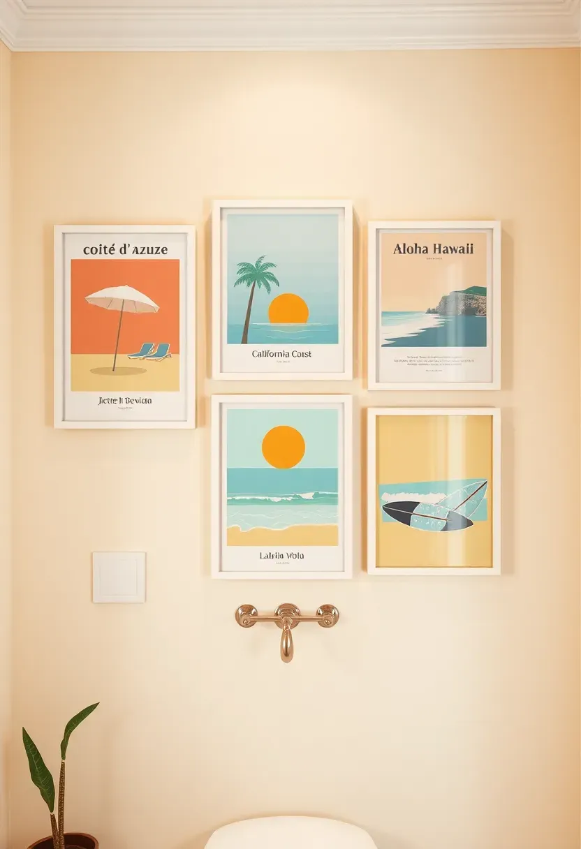Gallery wall of vintage-style beach travel posters in pastel colors with simple frames