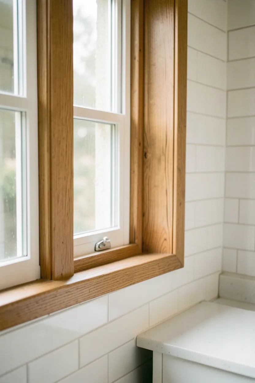 Stacked cedar storage cubes beside a bathtub in an apartment bathroom holding folded white towels, warm reddish-brown cedar grain